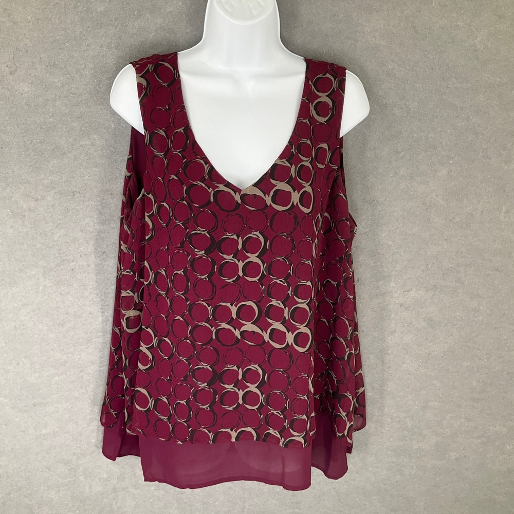 Apt. 9 Womens XL Sleeveless Blouse V Neck Circle Print Burgundy Layered Top